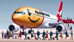 Qantas Frequent Flyers boarding a fictional happy emoji plane